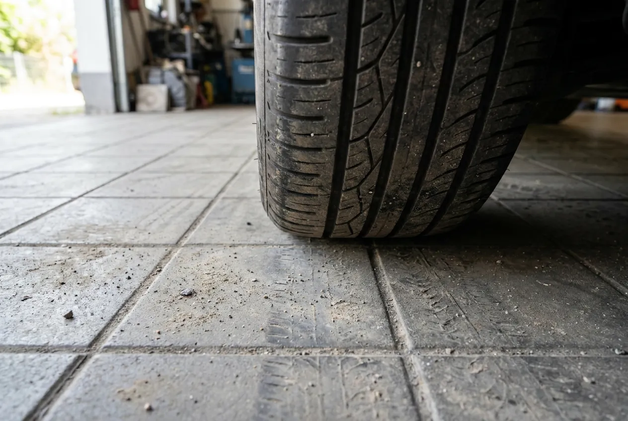 Empreinte d'un pneu sur le sol carrelé du garage